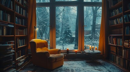Cozy home library with a yellow armchair and lit candles overlooking a snowy landscape through...