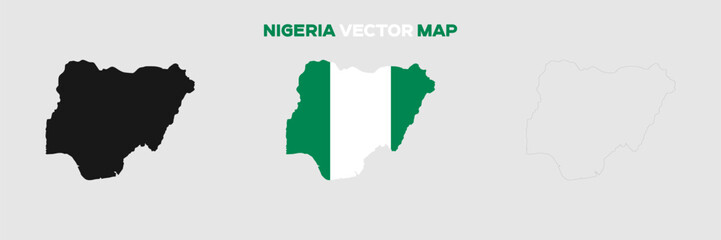 Nigeria Map Vector Pack. Map with Flag. Gray Map Silhouette. Gray Outline Map. Editable EPS file. 