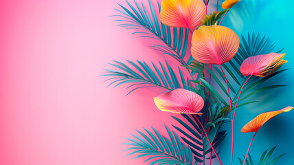 Summer Tropical Foliage on Pink Blue Background Copy Space Palm Leaves And Anthurium