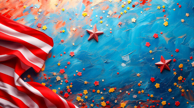4th Of July American Independence Day   Starfish Devorations And American Flag Background Copy Space Top View Flat Lay