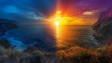 Summer Solstice Sunrise and Sunset Glow over  Sea Shore  And Mountains, Sun Equinox And Nature