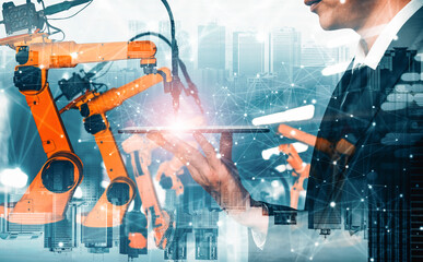 MLP Mechanized industry robot arm and factory worker double exposure. Concept of robotics...