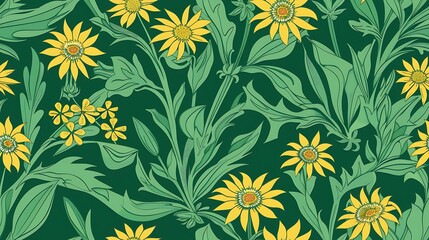 A vibrant floral pattern with yellow flowers and green leaves against a green background for design backgrounds and textiles. 