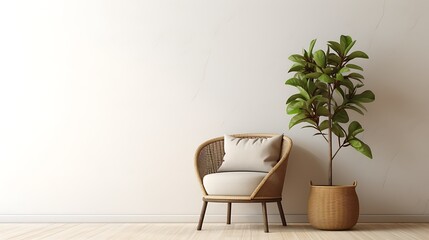 A modern living room setup with a stylish armchair and indoor plants against a clean wall, creating a minimalist interior design concept. 