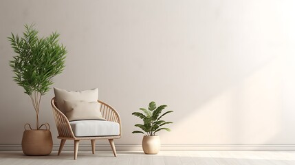 Modern armchair with cushions next to indoor plants against a neutral wall in a minimalist interior design concept. 
