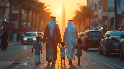 A traditional Arab family holding hands and walking down a bustling street at sunset with the city glow illuminating their path 