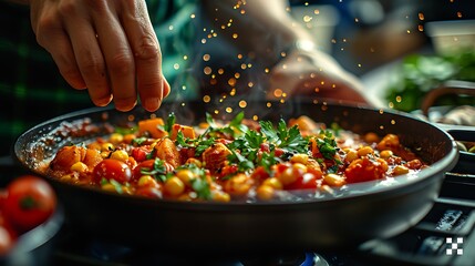 Close-up of a person cooking a colorful vegetable dish in a pan with sparks flying, symbolizing...