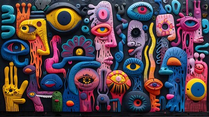 Vibrant and colorful abstract graffiti art featuring a variety of whimsical faces and shapes on a textured surface 
