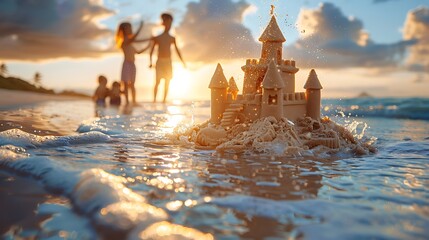 A detailed sandcastle on the beach with waves washing ashore and people holding hands in the background during sunset  - Powered by Adobe