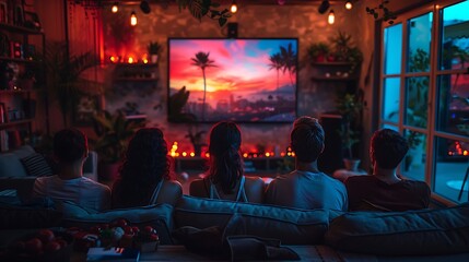 A group of friends enjoying a movie night at a cozy home theater with ambient lighting and sunset view on the screen. 