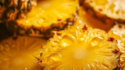 Tasty pineapple slices with water drops as a background.