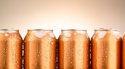 Aluminum cans covered with water drops. Tasty cold drink.