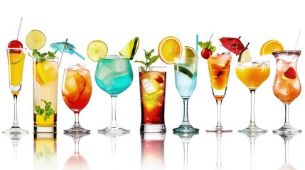 Set of alcoholic cocktails isolated on white background.  Different drink recipe design elements.