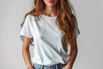 A young woman in a white t shirt on a white background.