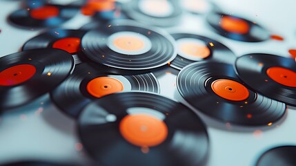 A collection of vinyl records scattered with selective focus, featuring vivid orange labels against...