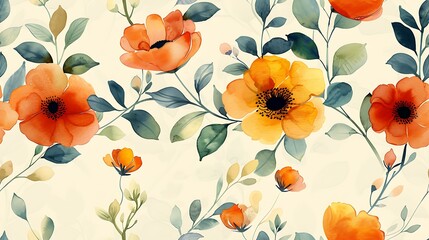 A vintage-styled floral pattern with a mix of orange and red poppies on a textured background for a charming and rustic aesthetic 