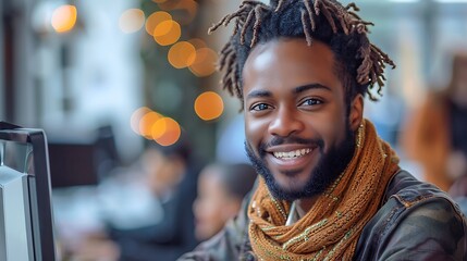 A smiling man with dreadlocks wearing a scarf working on a computer in a cafe with bokeh lights in the background. 