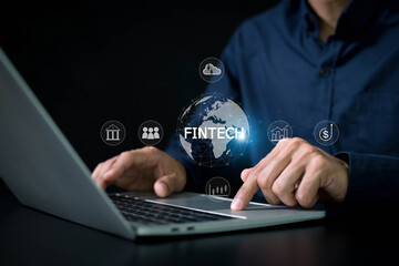 Financial technology, online banking. Business hold virtual globe with fintech word for digital...