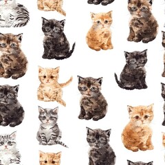 Pattern on a white background of kittens. A funny print for printing on paper, fabric, packaging. Print design for children's clothing, pastel linen, curtains, children's room decor