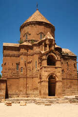 The front facade of the Armenian Cathedral of the Holy Cross on Akdamar Island on Lake Van, Van Gölü, Turkey