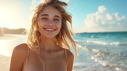 A joyful young woman smiling on a sunny beach with her hair blowing in the sea breeze - Powered by Adobe