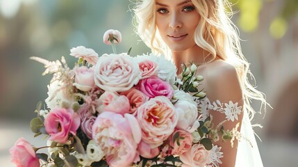 A radiant bride with a captivating smile holds a beautiful bouquet of pink and white flowers in a sunny ambiance.  - Powered by Adobe