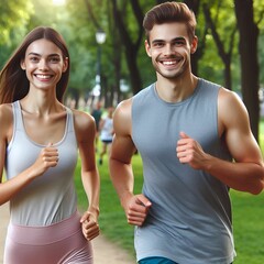 Fototapeta premium Happy couple jogging for health in city park