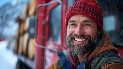 Portrait of a smiling bearded man in winter attire leaning on a red vehicle with a snowy backdrop lends a sense of adventure and warmth to any project  - obrazy, fototapety, plakaty