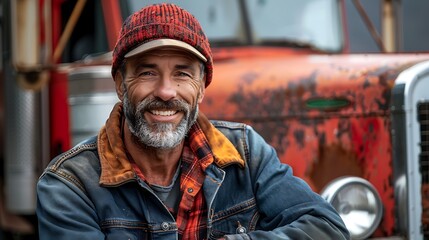A smiling bearded man wearing a hat and jacket sits in front of a vintage truck, exuding warmth and friendliness. 