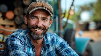 Portrait of a smiling bearded man wearing a cap with a blurred background of metal pipes and parts, suggesting an industrial or outdoor work environment.  - Powered by Adobe