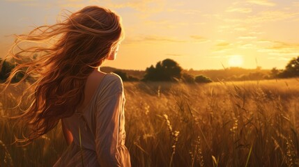 A woman standing in a field of wheat at sunset