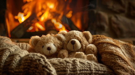 teddy bears cuddled up together under a cozy blanket their fluffy forms nestled closely as they bask in the warmth of a crackling fireplace epitomizing the comfort and solace found