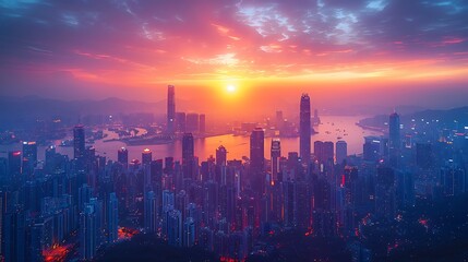 A panoramic view of a modern city skyline at sunset with radiant hues of pink and blue in the sky 