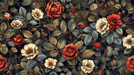 A vintage floral pattern with a variety of blossoming flowers and leaves on a dark background, perfect for elegant designs and textiles. 