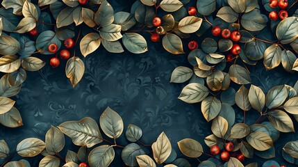 Elegant golden leaves and red berries on a dark patterned background for a luxurious design...