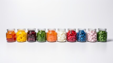 Lineup of 10 glass jars filled with colorful candies against a white background.