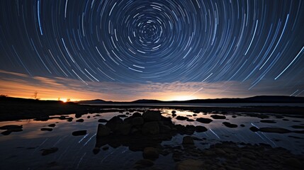 Star trails over a lake