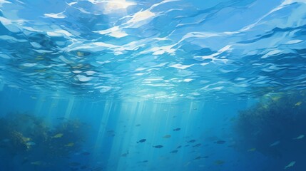 Fototapeta na wymiar Underwater scene with sunlight and fish