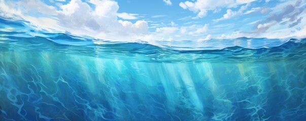 Underwater view of the ocean surface with sunlight shining through the water.