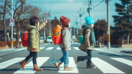 マナーを守って横断歩道を渡る3人の子供
