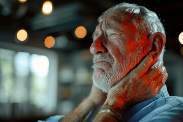 Obraz premium VFX the neck Pain Augmented Reality Animation. Massaging and Stretching the the neck to Ease the Injury. Close Up of a Senior Male Experiencing Discomfort in a Result of the neck Trauma.