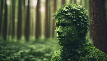 A man made of green leaves, concept of healthy lifestyle, ai