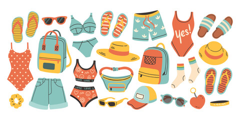 Summer clothes vector set for sticker. Bright summertime poster. Collection elements for summer holiday.