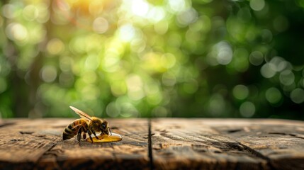 テーブルの上の蜂蜜を吸うミツバチ
 - obrazy, fototapety, plakaty
