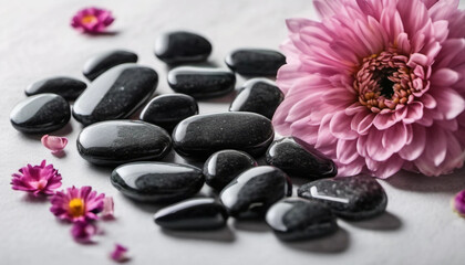 Obraz na płótnie Canvas spa still life with pink flowers and black stones, ai