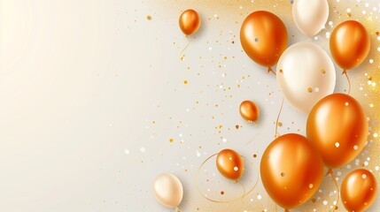 Happy birthday background with balloons in orange, white, and gold themes. banner, celebration, greeting card, background.