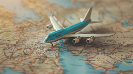 地図の上の飛行機の玩具、旅行を計画するイメージ
