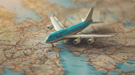 地図の上の飛行機の玩具、旅行を計画するイメージ 