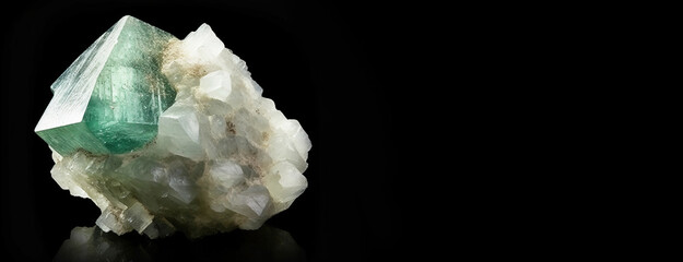 Fluorapophyllite-K is a rare precious natural stone on black background. AI generated. Header banner mockup with space.