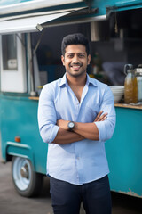 young indian man standing with food truck